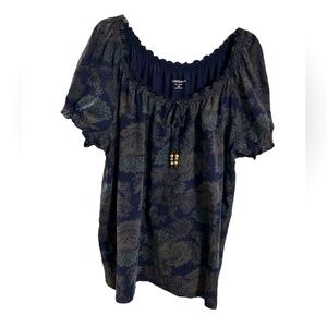 Croft&Barrow women stretch top in navy, tan and teal ruffled collar size 1X